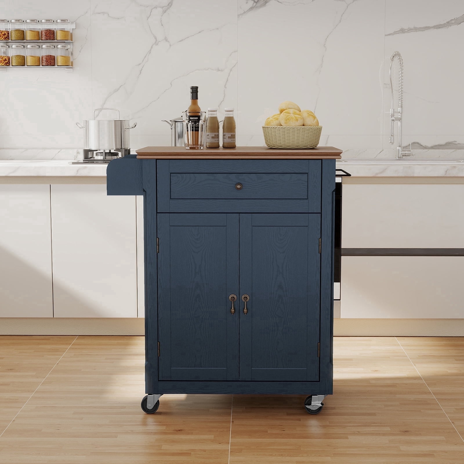CBJCBJ Kitchen Islands Cart on Wheels with Storage, Wood Microwave Table with Drawers and Spice Box , for Dining Room,Blue