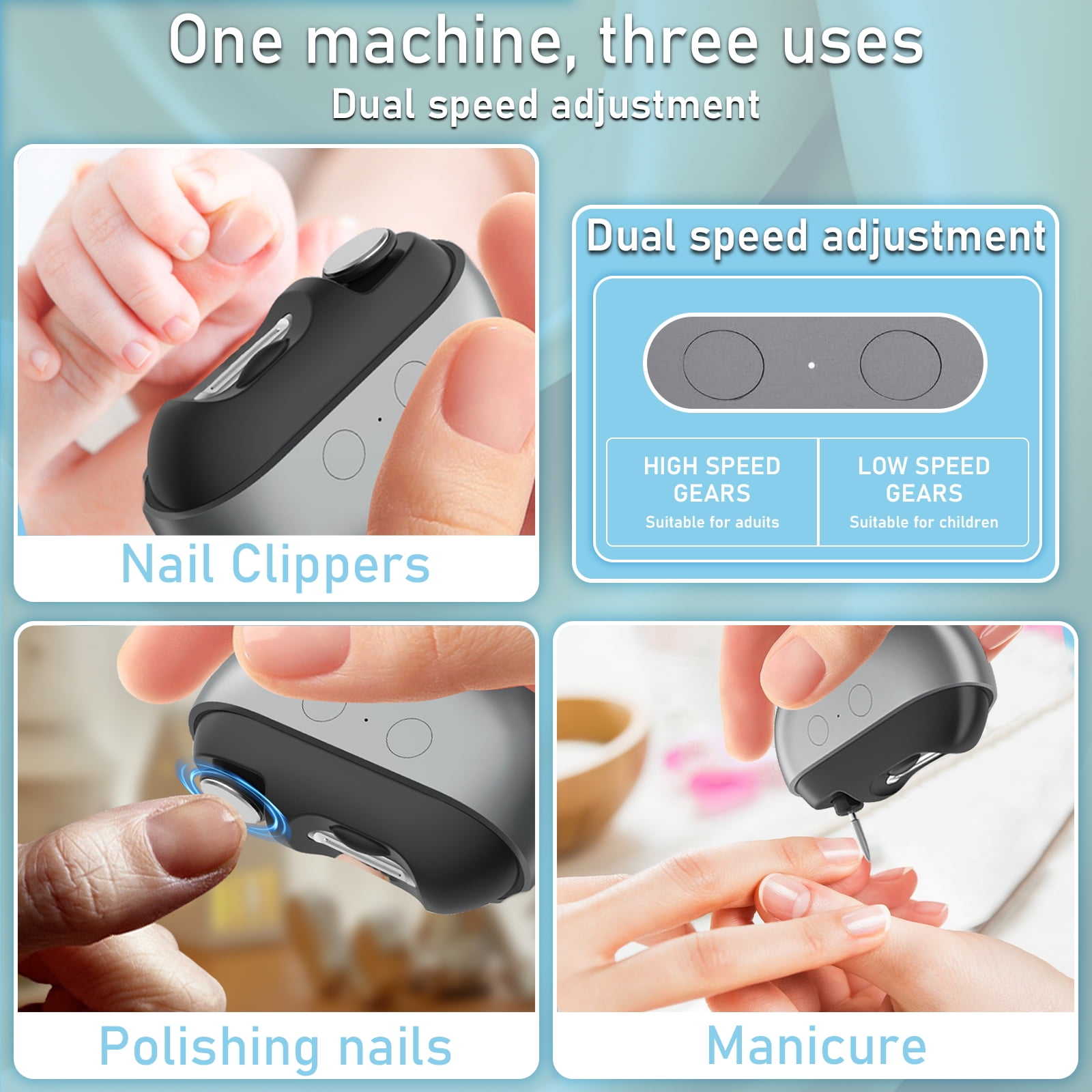 Hemvt 3 In 1 Electric Nail Clippers with Polishing, Rechargeable 2 Speeds Fingernails Clipper for Seniors, Adults, Baby, Automatic Nail Trimmer with Clip Storage and LED Light, Safe Use, Aorsher