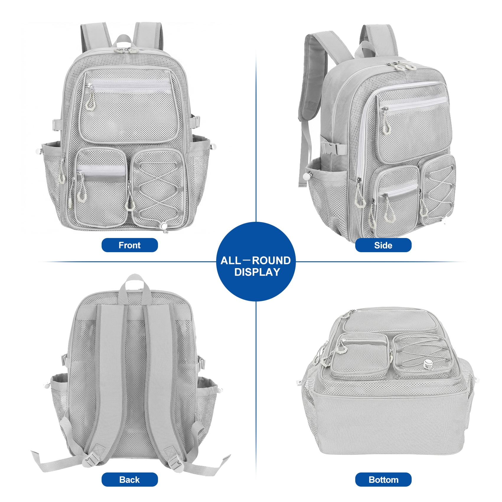 KOITHOT Mesh Backpack Heavy Duty, Stadium Approved Multi-Pocket Beach Backpacks for Adults, See Through Transparent Mesh Bookbag for School & Travel(Gray)