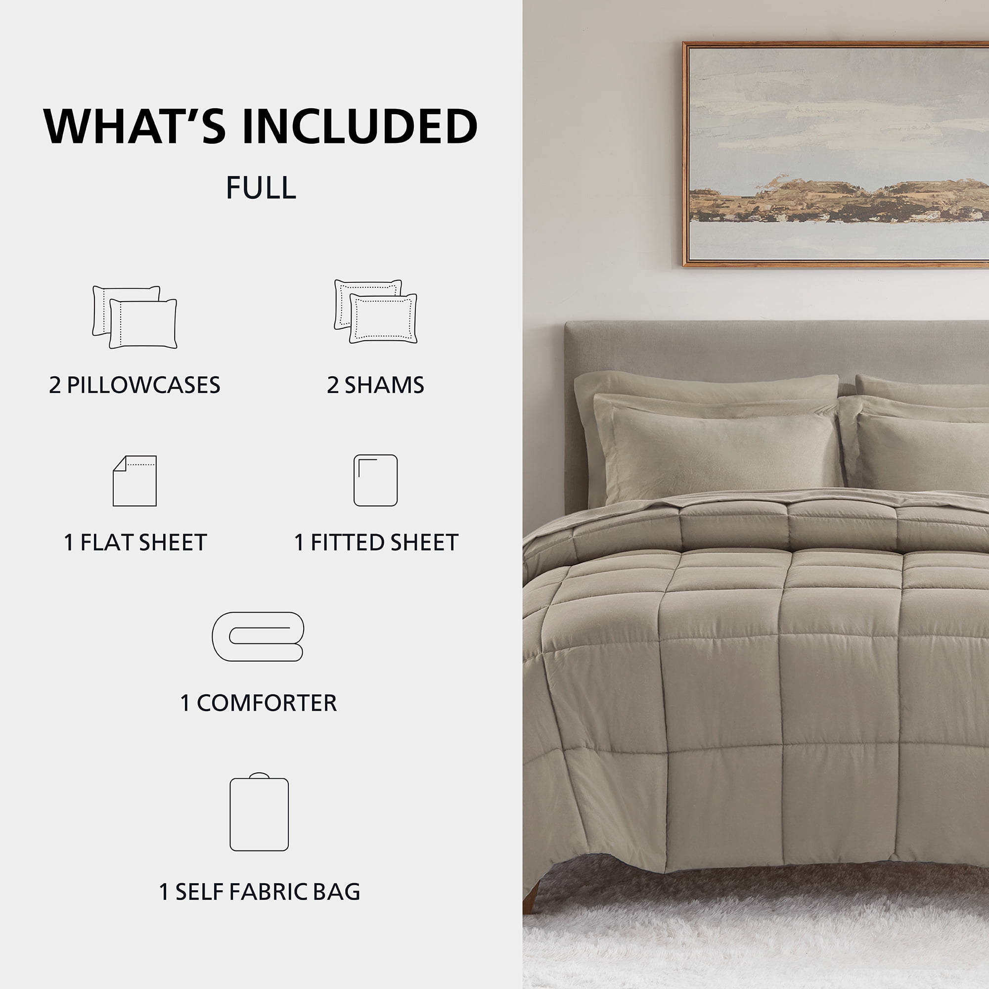 Mainstays Down Alternative Reversible 7-Piece Bed-in-a-Bag Comforter Set, Full, Stone