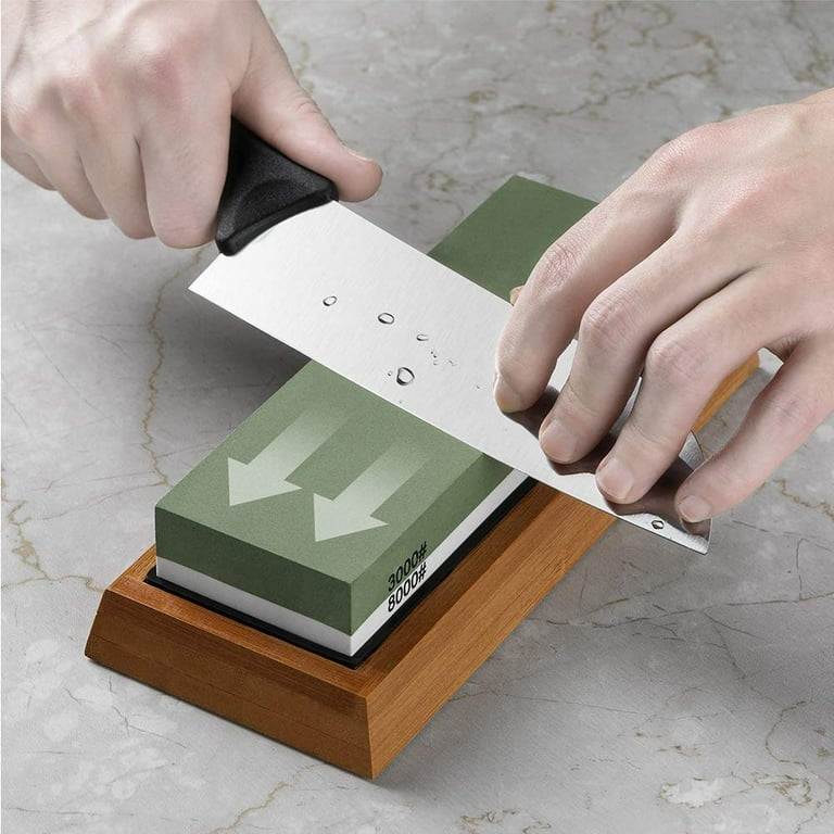 Knife Sharpening Stone Kit, 4 Side Grit 400/1000 3000/8000 Water Stone,  Non-slip Bamboo Base, Flatting Stone, Angle Guide and Leather Strop