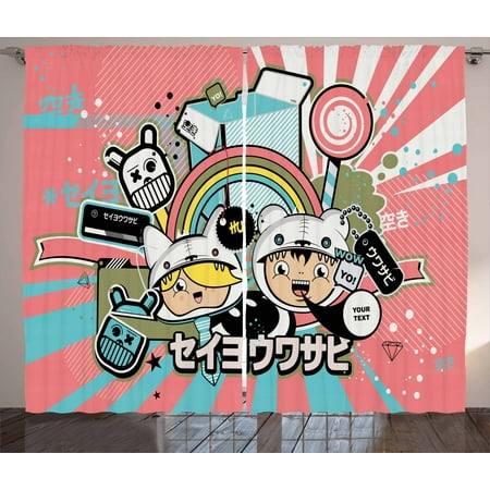 Urban Graffiti Curtains 2 Panels Set Anime Themed Asian Style Cartoon Figure And Speech Bubble On Beam Background Window Drapes For Living Room