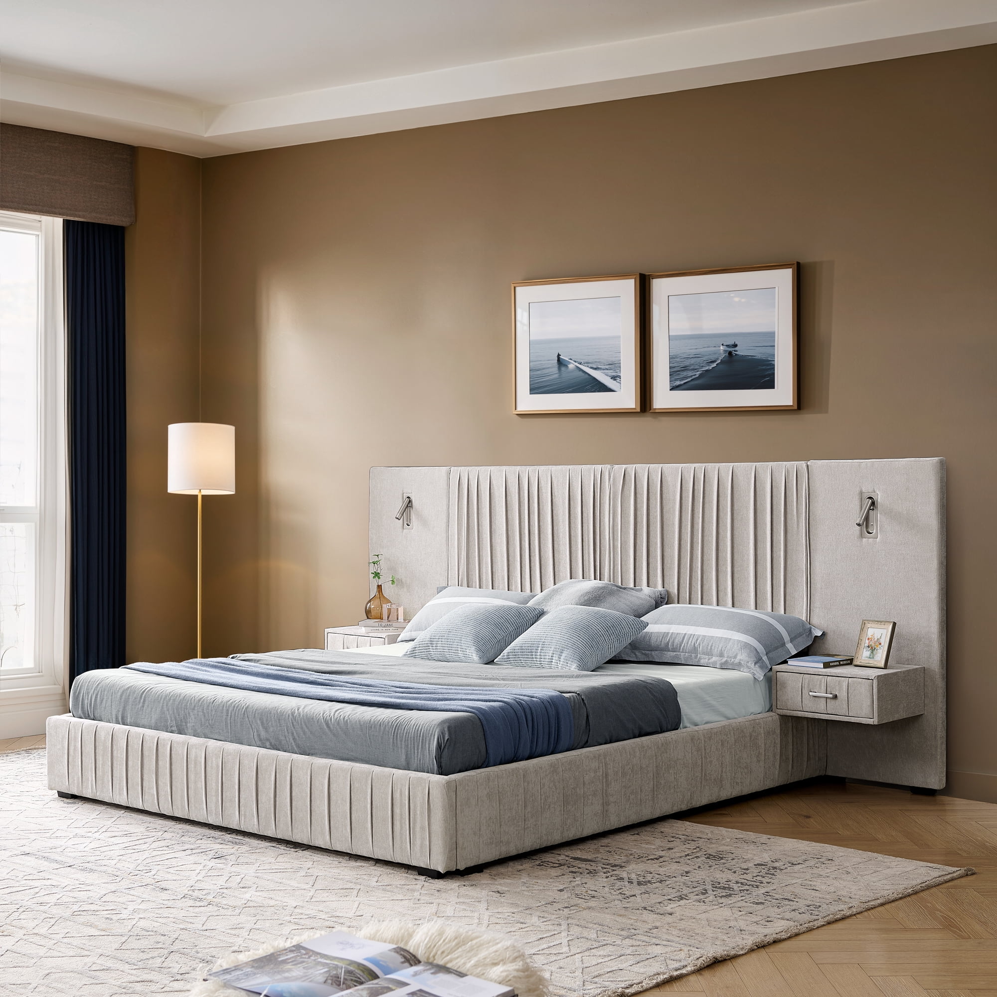 LiviNest Queen Upholstered Bed Frame: Platform Bed with Headboard & Built-in Nightstands - Integrated Adjustable Reading Lamps & Storage for Small Apartments & Modern Bedrooms
