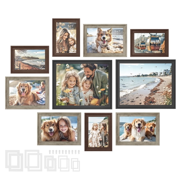 SONGMICS Picture Frames, Set of 10 Collage Photo Frames, Two 8x10, Four 5x7, Four 4x6 Frames, Hanging or Table Display, 12 Non-Trace Nails, Multicolor