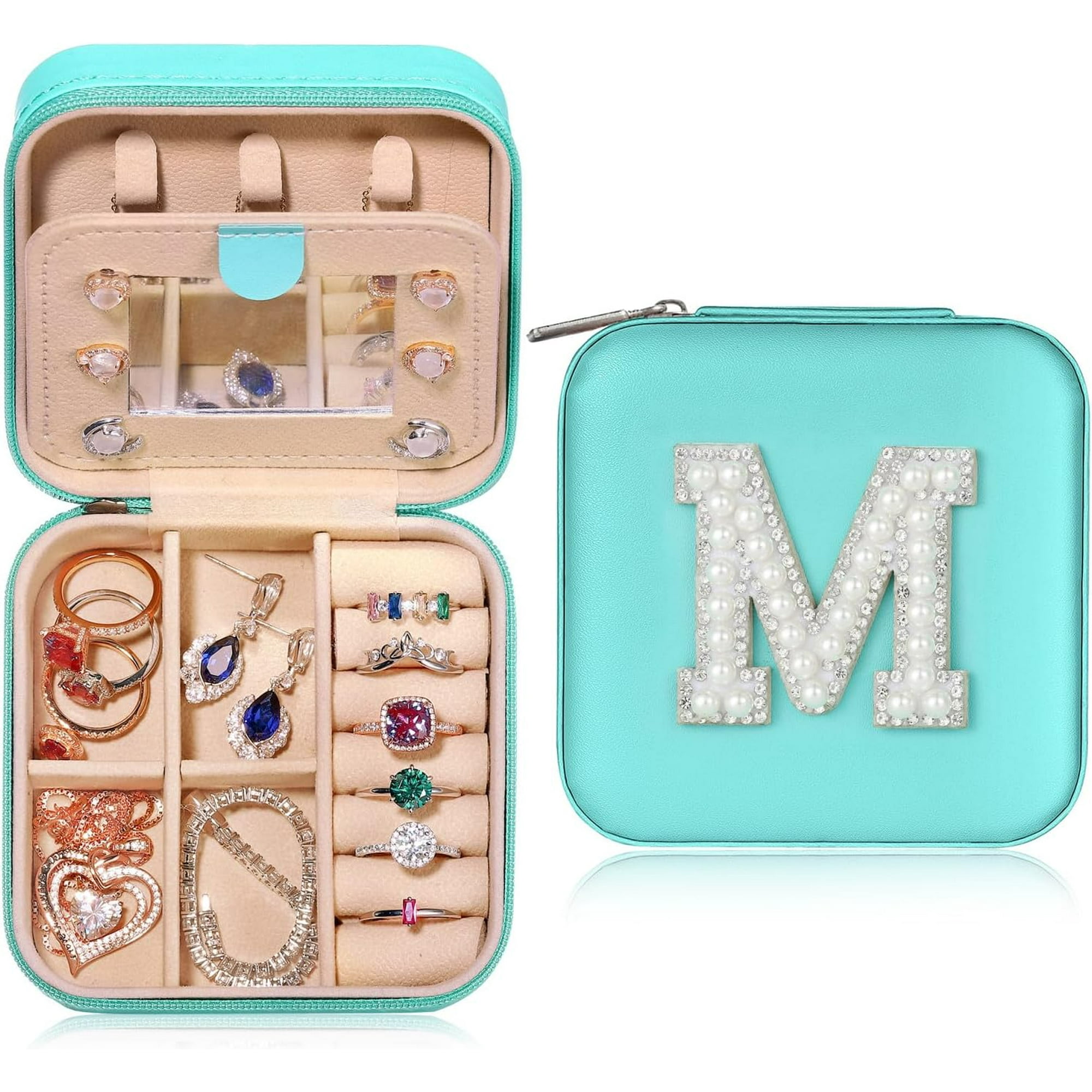 AVEKI Travel Jewelry Case for Women Girls Pearl Initial Travel Jewelry Case Small Jewelry Box for Women Birthday Gifts Personalized Travel Mini Jewelry Box Birthday Gifts for Girls Jewelry