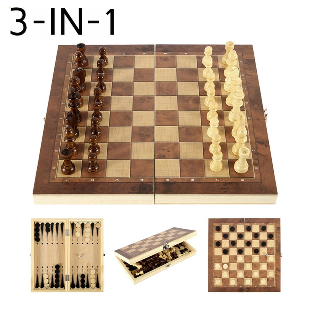 3 in 1 FOLDING WOODEN CHESS SET Board Game Checkers Backgammon Draughts Large 
