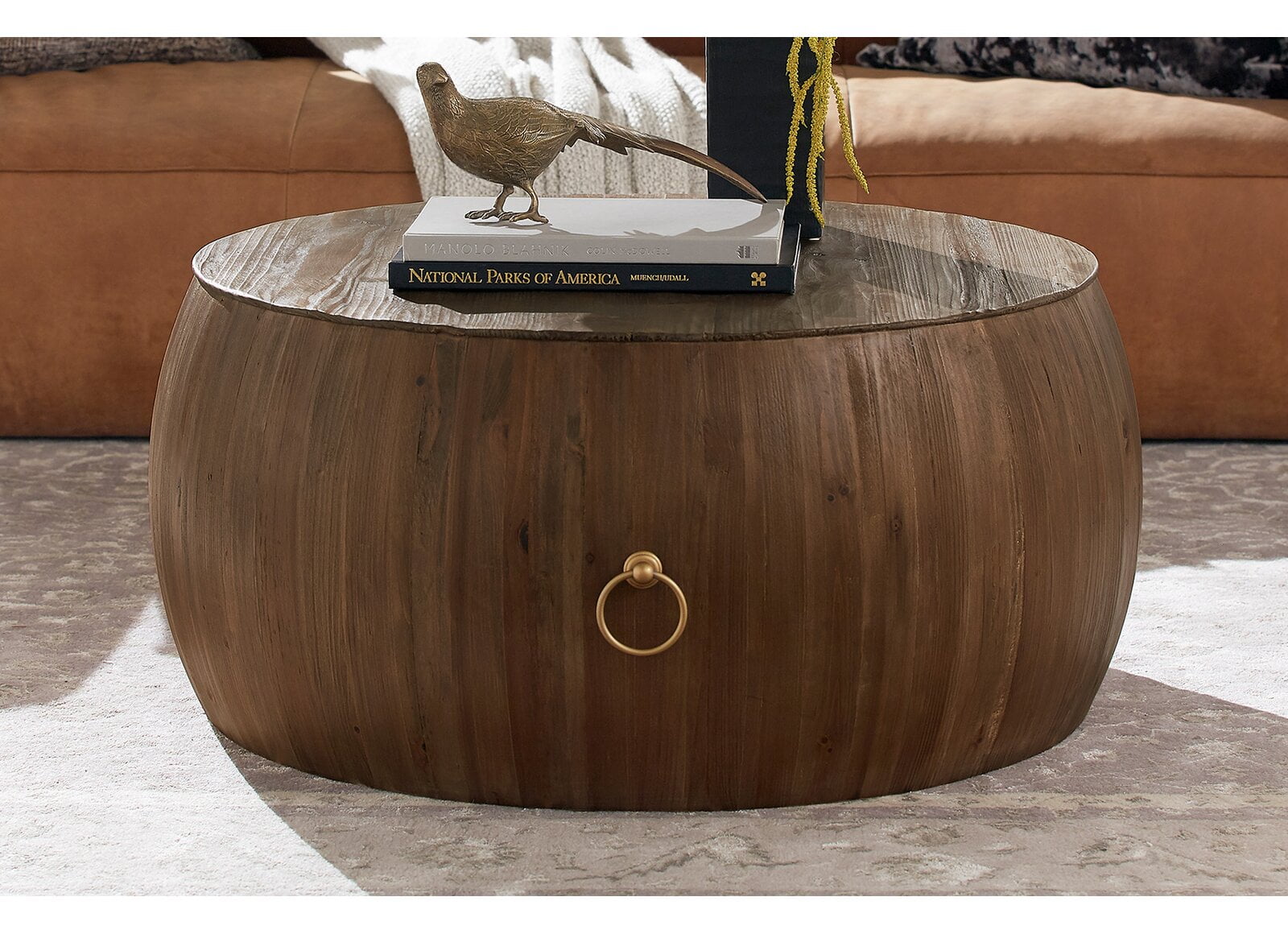 Steil Solid Wood Drum Coffee Table, Integrated Wireless Charging
