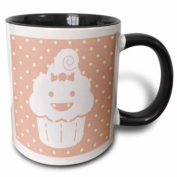 3drose, Happy Cupcake with Polka Dots - Cute and Adorable - Kawaii, 11oz Two-tone Black Mug