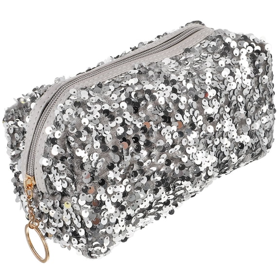 OFFIGAM 1Pc Silver Sequin Makeup Organizer Bag Lightweight Multipurpose Cosmetic Storage