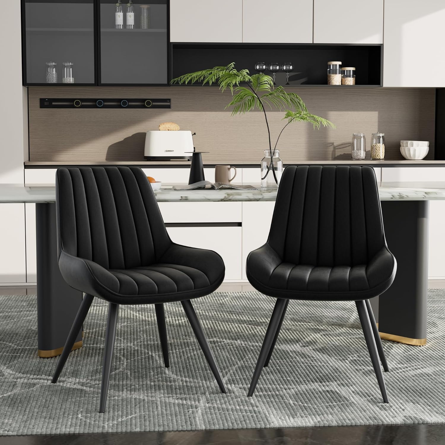 Hawsaiy Modern Dining Chairs Set of 6, Cat Scratch-Resistant Faux Leather Upholstered Kitchen Side Chairs with Thick Cushions & Metal Legs, Black