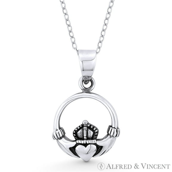 Irish Claddagh & Heart Celtic Luck Charm w/ Chain Necklace in Oxidized .925 Sterling Silver