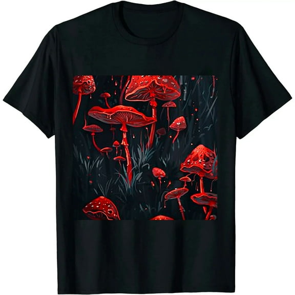 Qinduosi Men's Colorful Mushroom Print Short Sleeve T-Shirt Novelty Graphic Tee Shirts Black