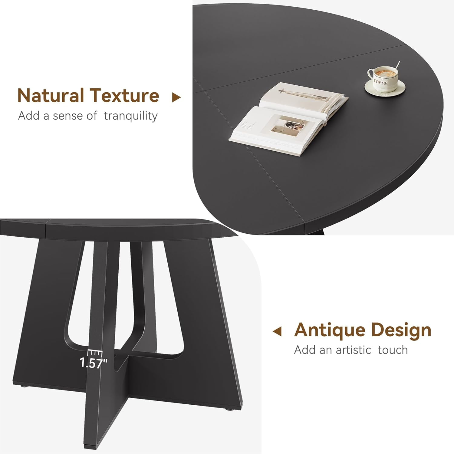 47-Inch Round Large Dining Table Set for 4 to 6, Farmhouse Dinner Table with Wooden Top and Legs for Home Dining Room or Living Room - Black