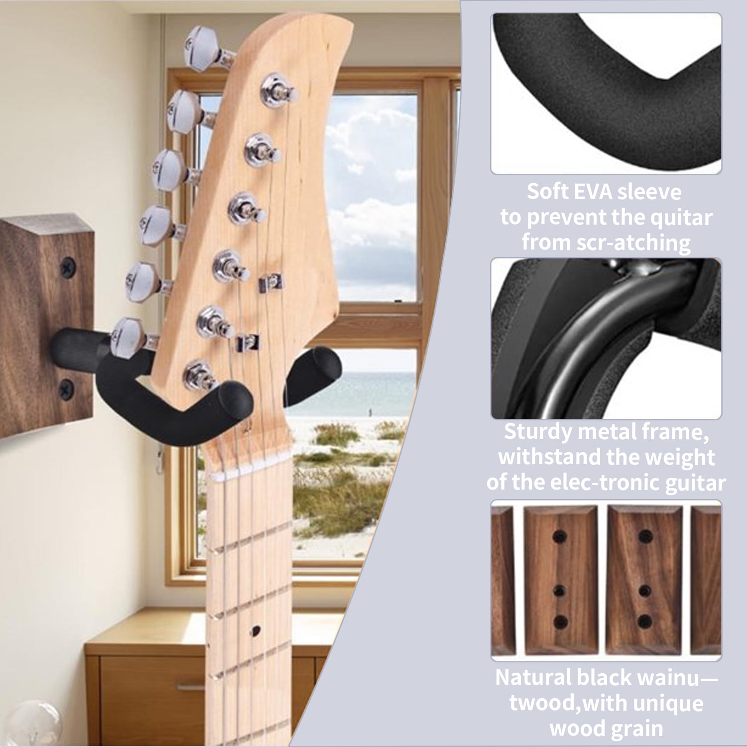 2 Pack Guitar Wall Mount,U-Shaped Guitar Wall Hanger Mount, Black Walnut Wood Guitar Hanger, Guitar Holder Hook for Acoustic, Electric Guitar, Banjo, Bass with Guitar Cleaning Cloth