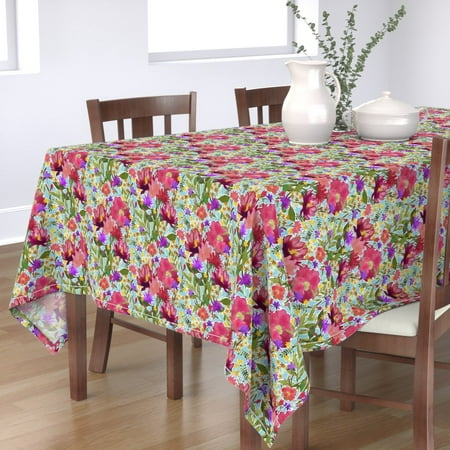 

Cotton Sateen Tablecloth 70 x 144 - Watercolor Flower Garden Spring Floral Roses Aqua Daffodil Fern Print Custom Table Linens by Spoonflower