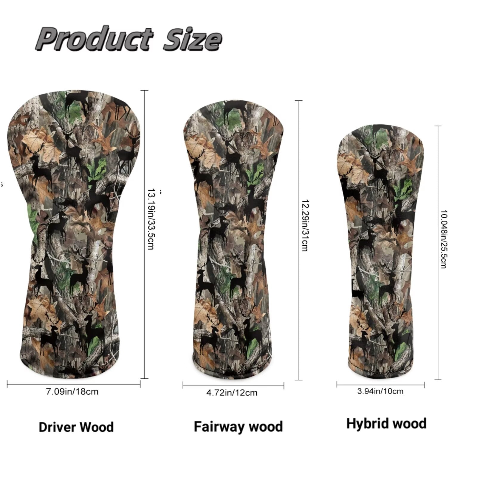 Uorisanigo Golf Headcovers (3-Pack) – Waterproof Camo Hunting Forest Golf Club Protection for Fairway Woods Driver Hybrids, Lightweight PU Leather Golfclub Head Cover with Soft Lining