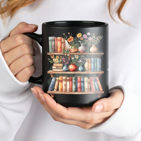 Lotusprinthandmade Vintage Bookshelf Library Black Ceramic Mug (11oz) (Made In US) – Bookshelf Art Mug