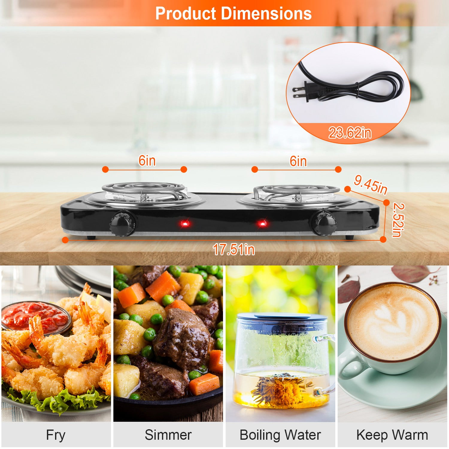 Countertop Double Burner Teqhome 2000W Cast Iron Electric Hot Plate for Cooking 5 Level Temperature Control Non Slip Rubber Feet Easy to Clean Black