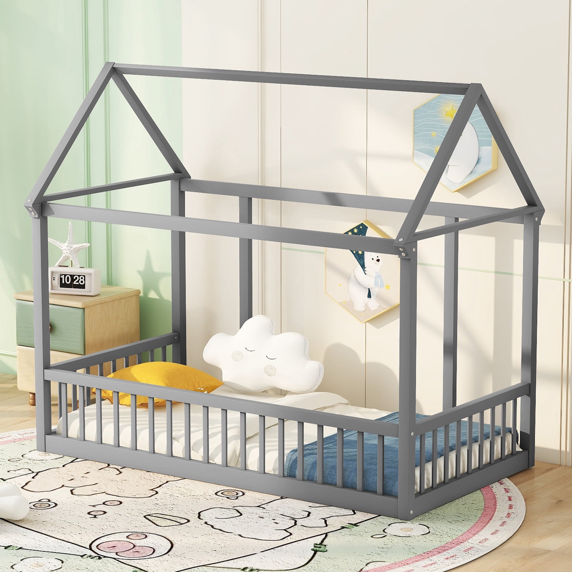 Bellemave Twin Size Wood House-Shaped Floor Bed with Fence, Guardrails, Montessori Floor Bed House Bed Frame with Roof (Twin, Gray)