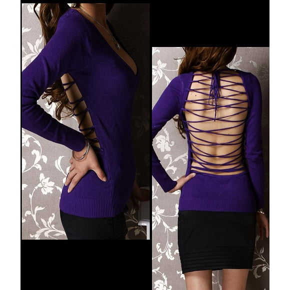 Sweeteibabe V17 V-Neck long sleeve Casual Tops Shirts Blouse Purple M
