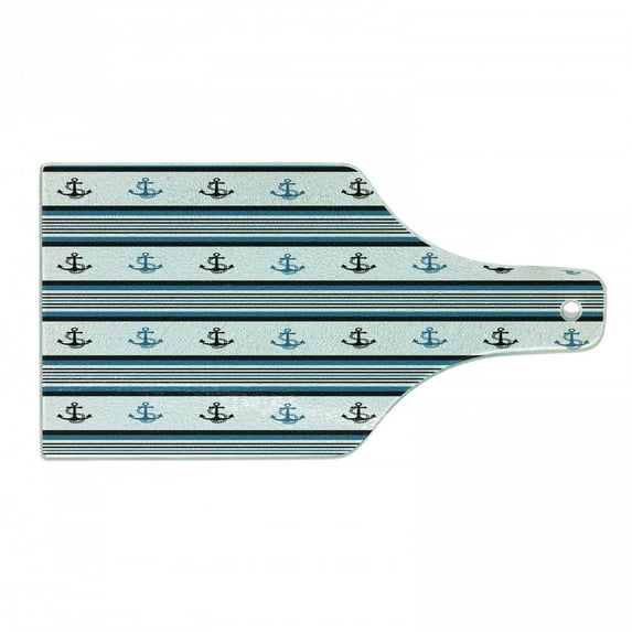 Anchor Cutting Board, Borders Stripes and Marine Form Hipster Design Retro Style Maritime, Decorative Tempered Glass Cutting and Serving Board, Wine Bottle Shape, Blue Black White, by Ambesonne