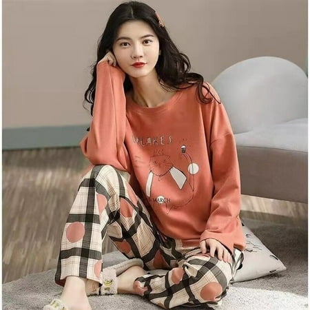

QWZNDZGR Spring Autumn Polyester Cartoon Print Pajama Sets Women Pyjamas Polka Dots Sleepwear Pijama Mujer Homewear Clothing Nightwear