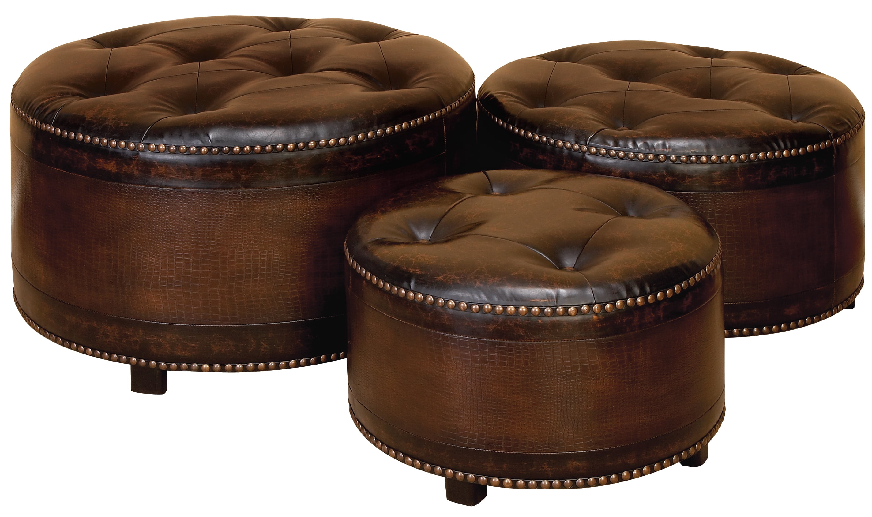 Traditional 20 24 And 29 Inch Round Tufted Leather Wood Traditional 20 24 And 29 Inch Round Tufted Leather Wood Ottomans Set Of 3 Com
