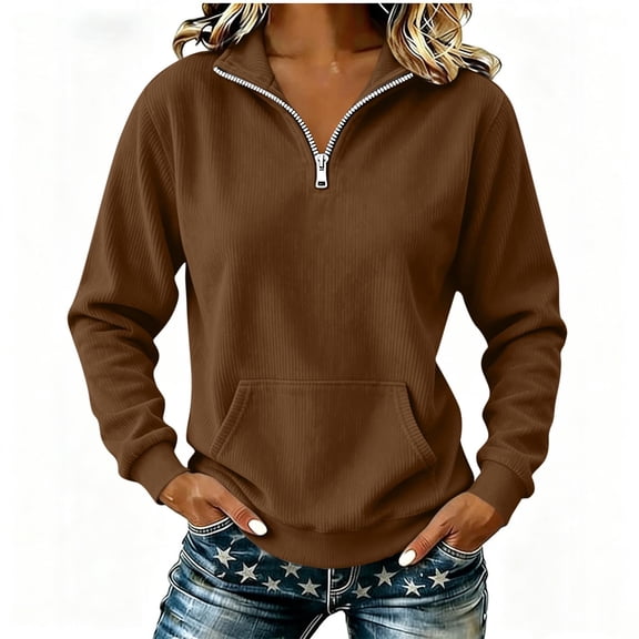 Enjoytime Women Tops Collar Half Zip Up Long Sleeve Shirts Fall Fashion Solid Color Pullover Casual Blouses