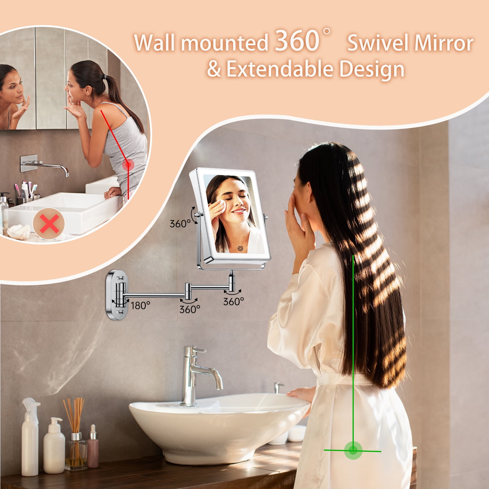 Funtouch Double Sided 1X 10X Magnifying Wall Lighted Mounted Makeup Mirror with Extended Arm, 360° Swivel Foldable, 3 Color Settings, Chrome