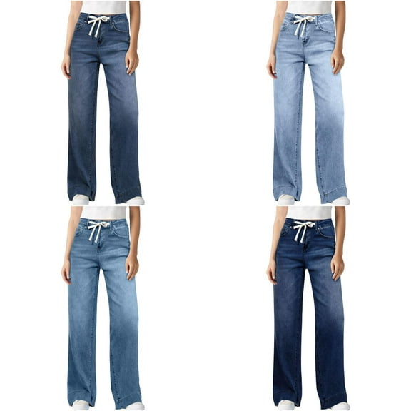 Babcutegg Pants for Women Long Length Wide Leg Jeans Straight Leg with Drawstring High Waist Fall and Winter Clothes for Women Light Blue Size XL