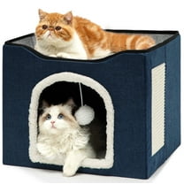 JOUALY Cat Beds for Indoor Cats, Large Covered Cat House with Scratch Pad, Ball Hanging, Foldable Cat Cave Bed & Hideaway with Reversible Cushion, Pet Bed for Multi Small Pet Large Kitten Kitty
