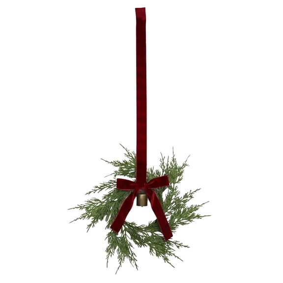 Mini Christmas Cedar Wreath with Bows and Gold Bells, Small Artificial Foliage Wreath for Kitchen Cabinets, Velvet Ribbon Hanger for Fireplace Window Farmhouse Decor 12Inch