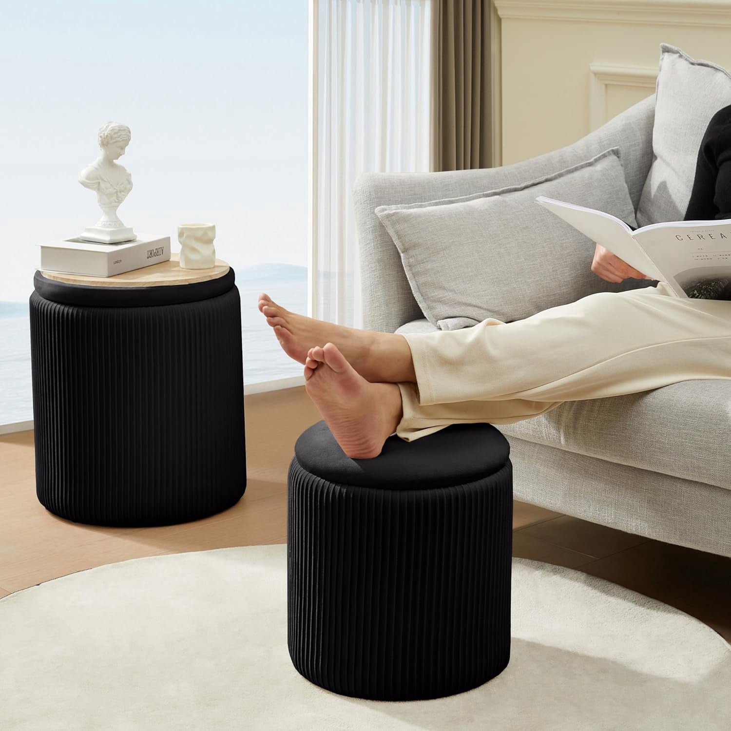 Round Ottoman with Storage Set of 2 Upholstered Velvet Vanity Stool for Makeup Lines Support 302lbs Ottomans Multifunctional Foot Rest Coffee Table Padded Seat for Living Room&Bedroom
