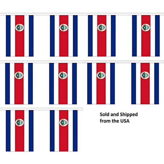 10' Costa Rica String Flag Party Bunting Has 10 Costa Rican 6"x9" Polyester Banner Flags Attached, Popular For School Classroom, Bars, Restaurants, World Cup Theme Parties