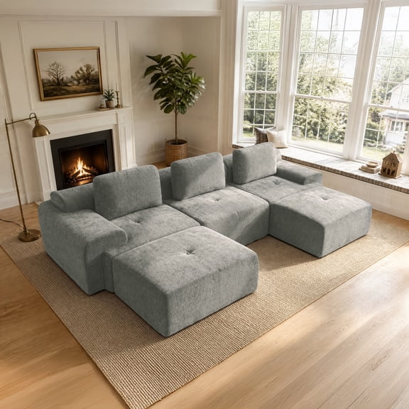 122" Modular Sectional Sofa,Cloud Couch with Extra Deep Seat & High Back,No Assembly,Soft Chenille Fabric,Memory Foam Couch for Living Room ,U shaped(3 2),Light Gray