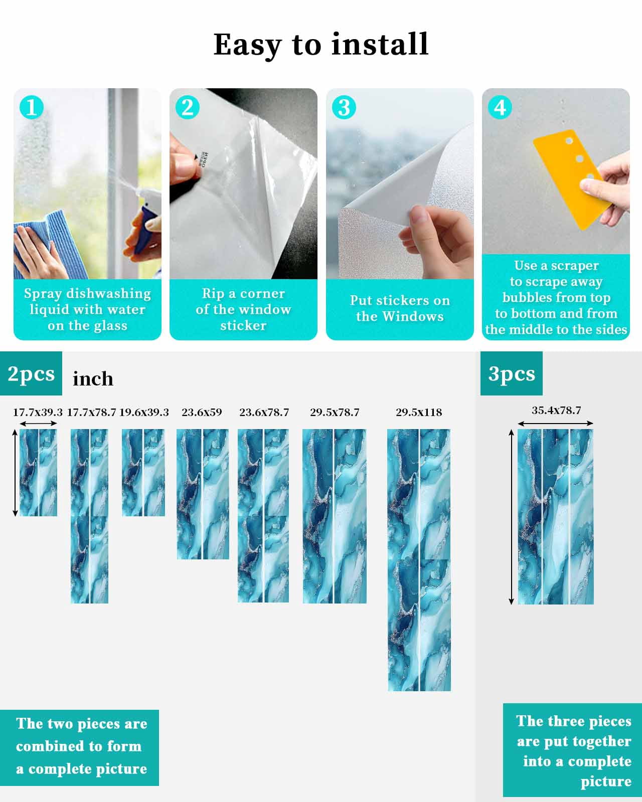 Window Privacy Film Blue Teal Marble Stained Glass Window Film Decorative Sun Block Window Cover Aesthetics Modernism Abstract Window Clings Static Adhesive Sticker for Bathroom 23.6"x59"