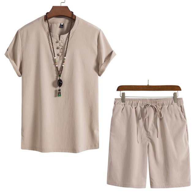 Weiqiqre Men's 2 Piece Outfits Linen Set Short Sleeve Shirt Top and Drawstring Waist Vacation Short Sets