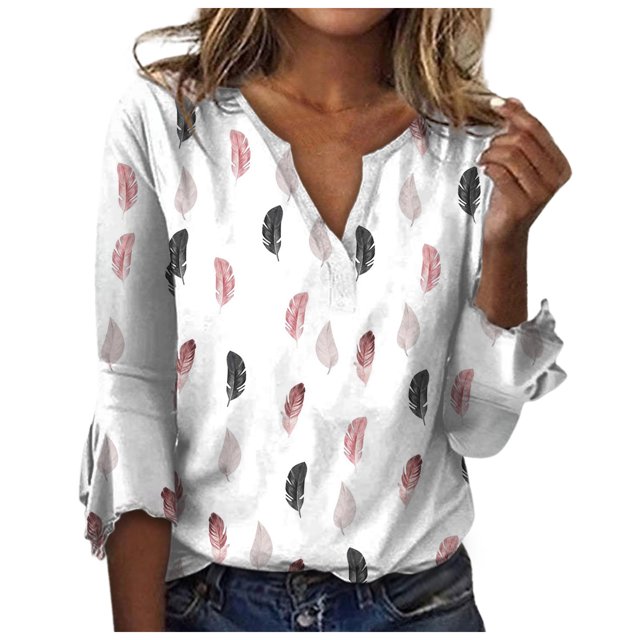 ICHUANYI Clearance Fashion Woman V Neck Three Quarter 3/4Sleeve T Shirt AutumnBlouse Tops Sweatshirt(Gray, XL) ICHUANYI WER2023080711910