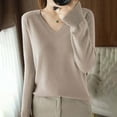 thumbnail image 2 of idosla Women's V Neck Cashmere Sweaters Long Sleeve Lightweight Knitted Pullover Casual Loose Warm Jumper Sweater Tops (Khaki, M), 2 of 4