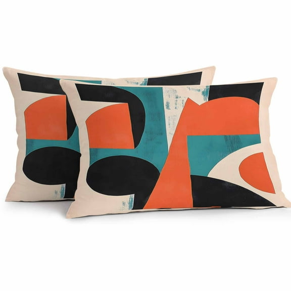 Waterproof Throw Pillow Covers Set of 2, 20x12 Inch Teal Orange Black Decorative Pillowcases Outdoor Pillow Slip Cushion Covers Set for Couch Tent Geometric Modern Abstract Art