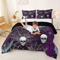 thumbnail image 3 of Homewish Gothic Halloween Spider Web Queen Comforter Set,Skull Bat Pattern Comforter Sets Queen,Purple Black White,Black Reversible,3pcs,1 Comforter and 2 Pillowcases, 3 of 7
