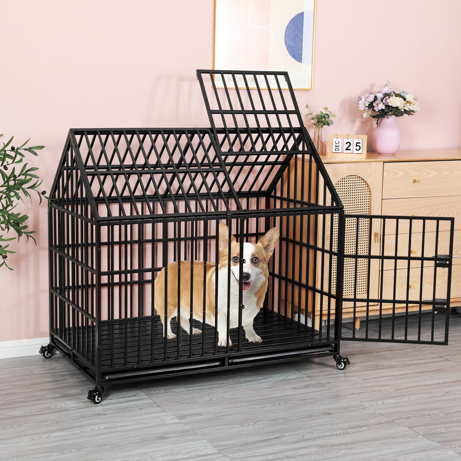Ufyerutg 50'' Indestructible Heavy Duty Dog Crate, Escape Proof Strong Steel Impact Pet Cage for Large Giant Dogs, High Anxiety Sound Proof Chewproof Kennel Double Door with Trays and Wheels