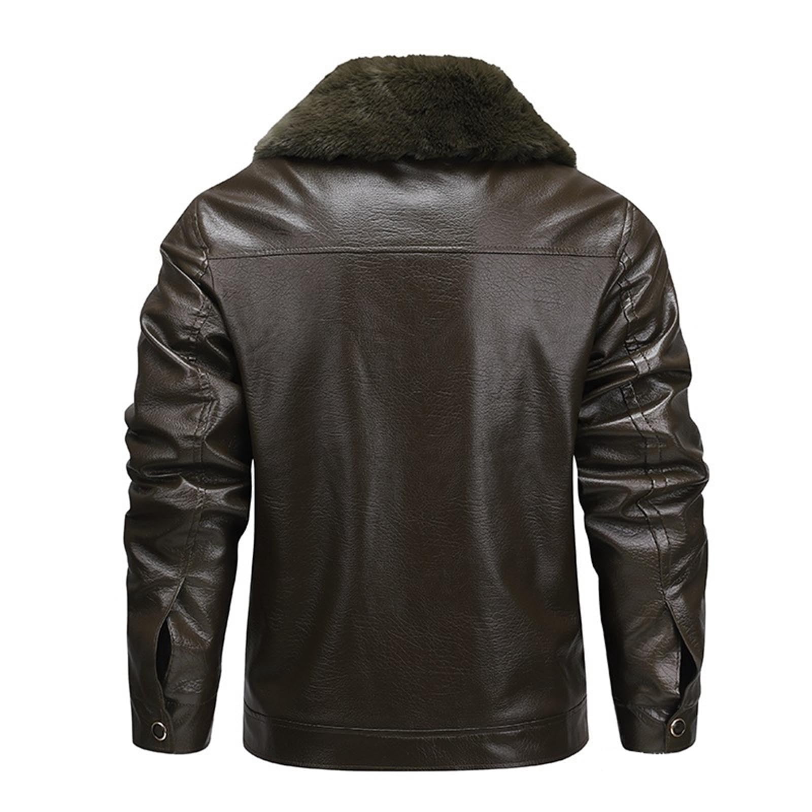 Mens Classic Faux Leather Jacket Detachable Fur Collar Vintage Leather Coat Warm Fleece Lined Jackets