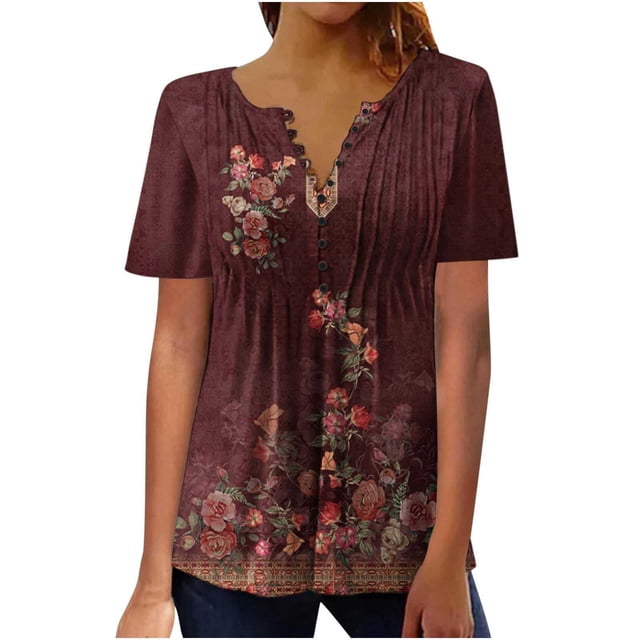 Pompotops T-shirt Mode Décontracté Imprimé Col Rond Manches Courtes Ample Blouse Pull Liquidation