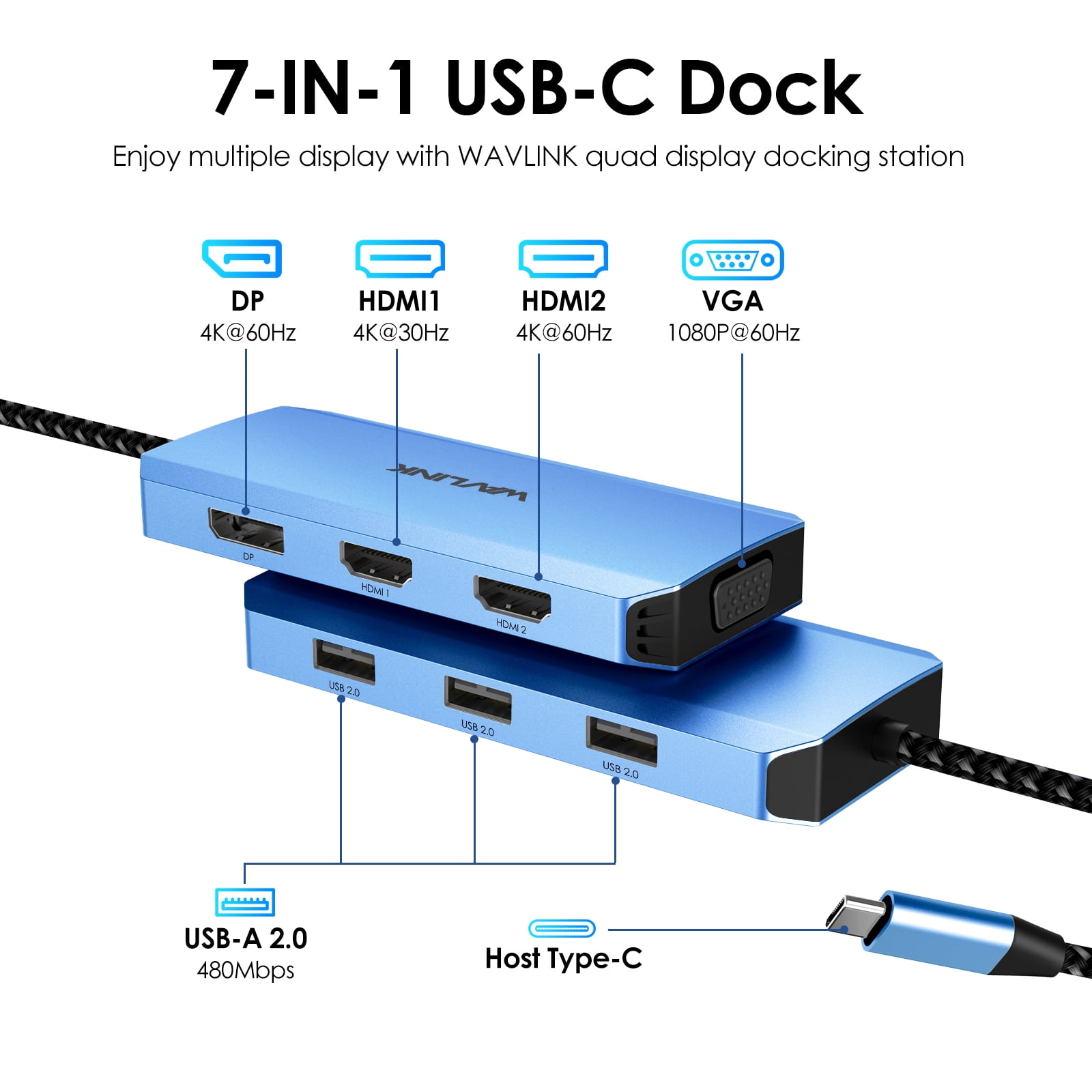 WAVLINK 7-IN-1 Multiport Adapter  USB C Laptop Docking Station Quad Monitor with dual 4K HDMI, 4K DP, VGA, 3xUSB2.0