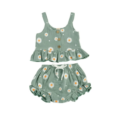 

GRNSHTS Toddler Baby Girl Shorts Outfits Daisy Print Ruffles Halter Crop Vest Tops Short Pants Set Summer Clothes
