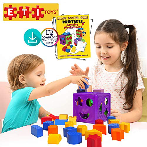 Eti Toys, 19 Piece Unique Educational Sorting & Matching Toy For Toddlers  Colorful Sorter Cube Box & Shapes, 100 Percent Nontoxic Safe, Promotes Fun  