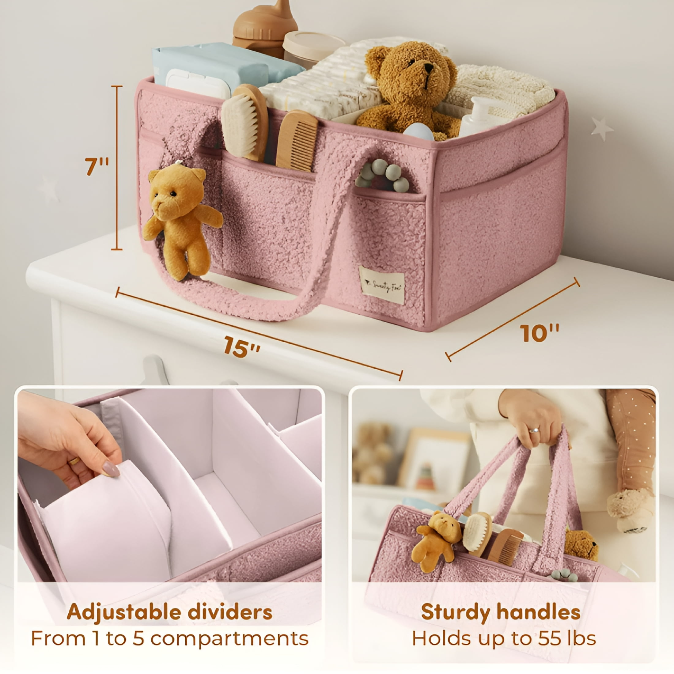 XIBUFE 2026 New Baby Diaper Caddy Organizer with Handle-Portable Soft Sherpa Nursery Basket Bag-Great for Car and Home-Pink