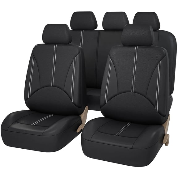 FLORAY Car Seat Covers for Compact Sedans, PU Leather 9-Piece Full Set, Front and Solid Rear Bench, Airbag Compatible, Black