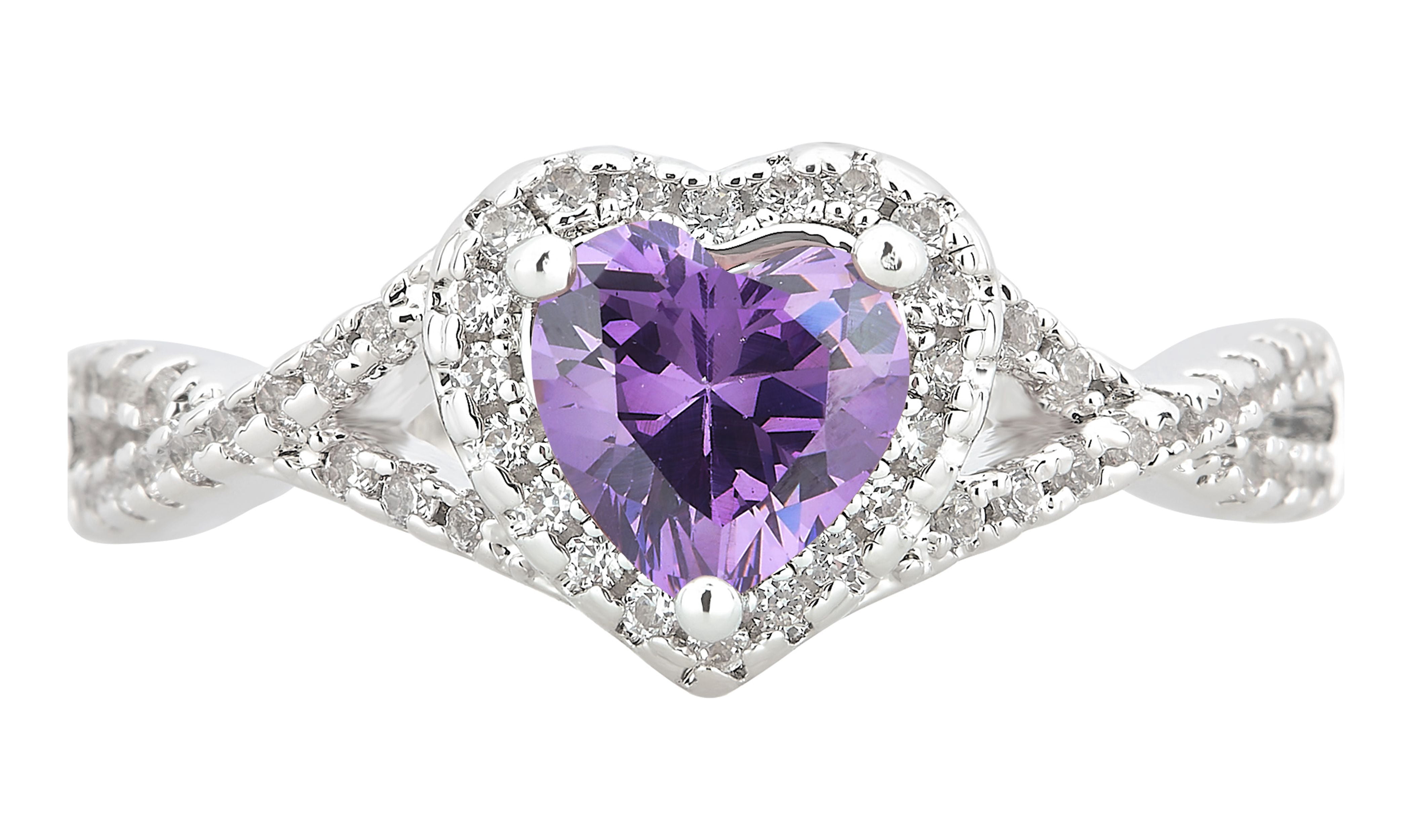 Arista Created Amethyst and White Sapphire Fashion Heart Engagement Ring in Silver Overlay